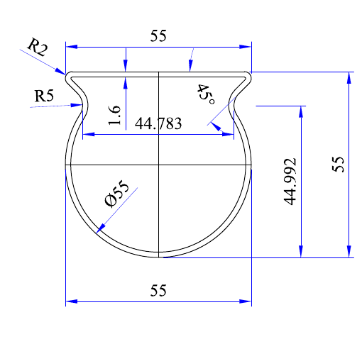 Railing tube profile drawing with 55 mm width and height and 1.6 mm thickness.